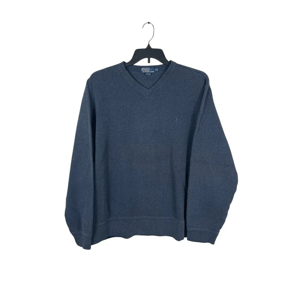 Polo Ralph Lauren XXL V-neck Blue Heavy Ribbed Sweatshirt 100% Cotton Logo